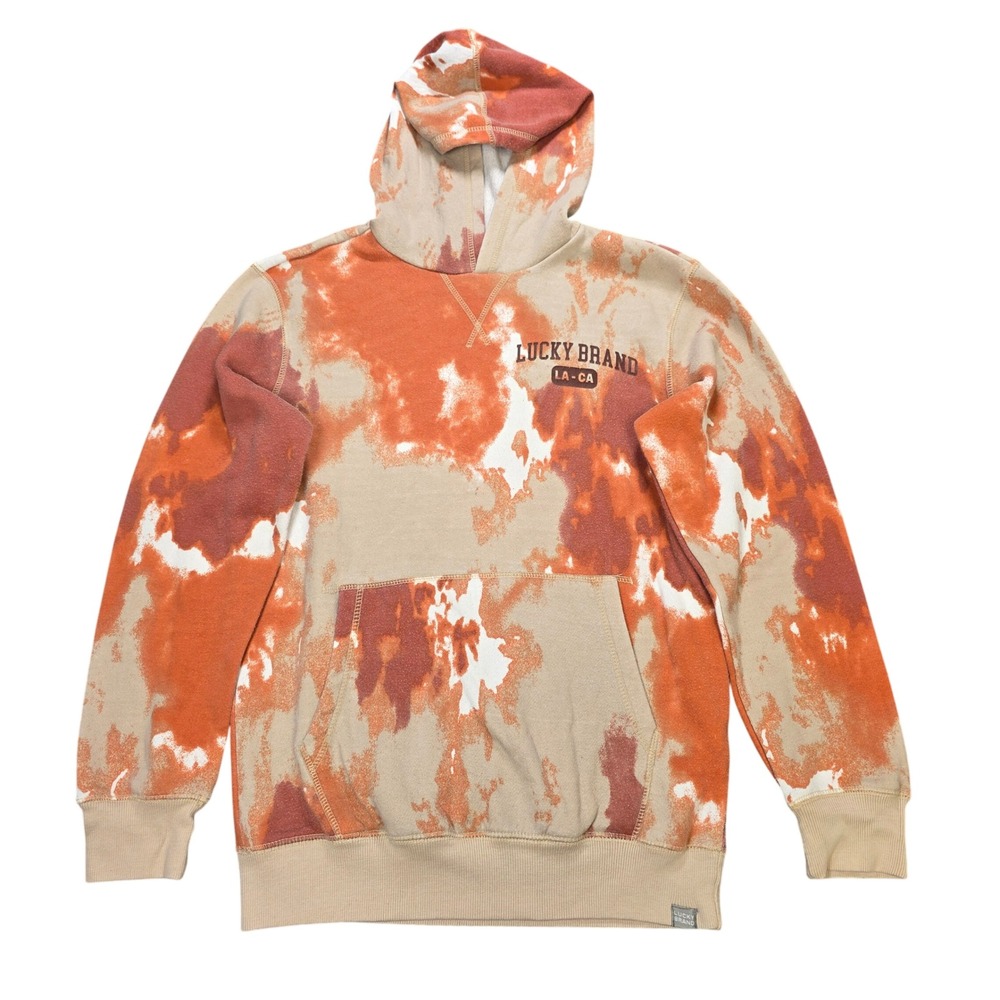 Lucky Brand Front Logo Hoodie Youth Size XL 18/20 Orange Tan Tie Dye Long Sleeve